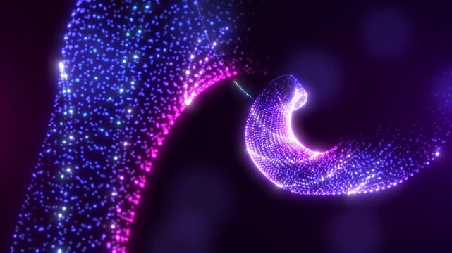 Purple and blue glowing particles forming a swirling vortex with smooth motion and depth, creating a vibrant abstract energy wave background.