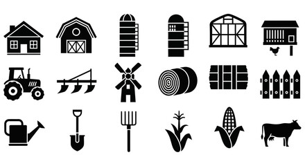 A collection of black silhouette icons representing farm structures machinery tools crops and livestock © Julian Vance