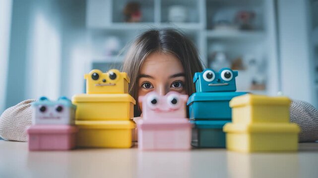 A child gazes at vibrant robot shaped toys and boxes, sparking creativity and fun in a cozy, contemporary room. This playful scene highlights imagination, curiosity, and joyful learning at home