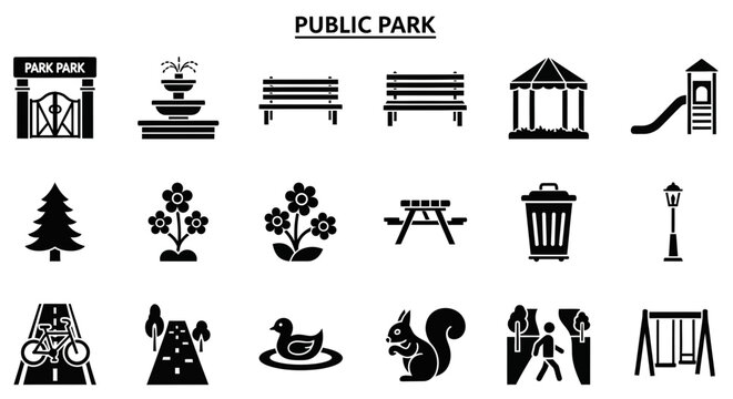 A collection of black silhouette icons related to public parks arranged in three rows