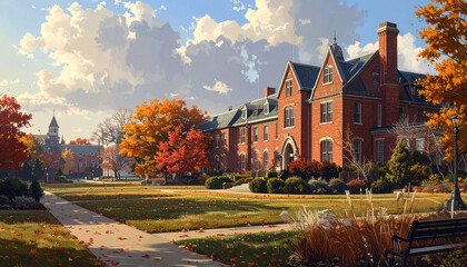 Fototapeta premium Autumn Campus Quad Wide Brick Buildings Bright Sky