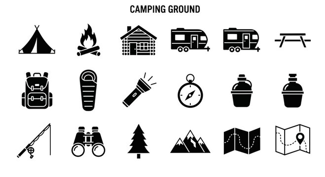 Black and white icons representing camping ground items arranged in three rows