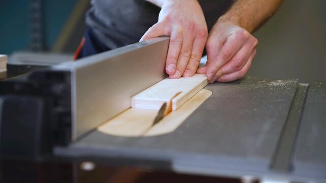 Circular table saw cutting wood in carpenter workshop close up. A running blade on a bench saw sawing trough the wooden log in the middle of a working space, close up footage. A sawing circle that cut