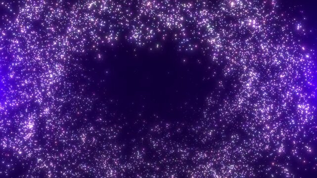 Purple glowing particles forming a circular frame with sparkling light and depth, creating a magical abstract background with vibrant motion.