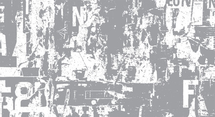 Fototapeta premium Grungy distressed collage of torn paper scraps and typography elements, abstract urban background texture, graphic design