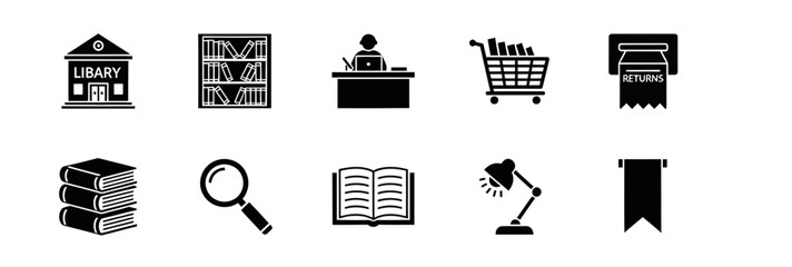 Black and white icons related to a library books and reading resources © Julian Vance