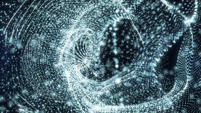 Abstract white particles swirling in a vortex with flowing lines and depth, creating a futuristic digital energy field on a dark background.