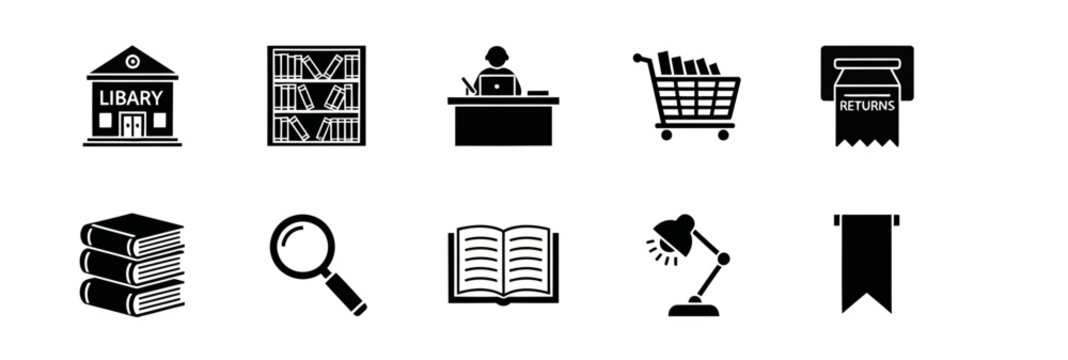 Black and white icons related to a library books and reading resources