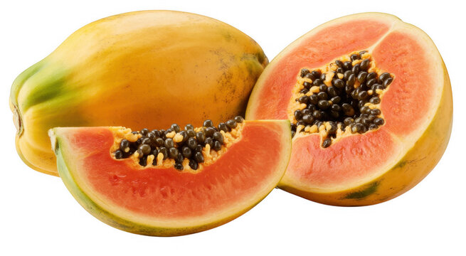 Whole and sliced papaya fruit on black pink isolated on a transparent background