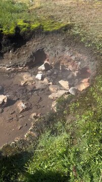 Geothermal hot springs, bubbling mud pools and steam vents in Haukadalur valley, Golden Circle, Iceland


