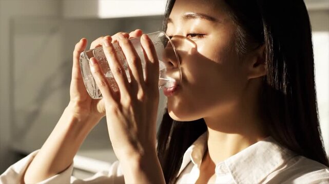 Woman drinking from a cup in a bright room with her eyes closed