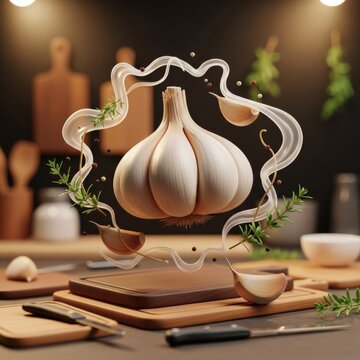 Celebration for National Garlic Day: whole garlic bulb and cloves with herbs