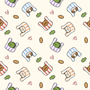 Animal in bag cartoon so cute. On dog cat crocodile bear head leaf bread doodle background. Pattern seamless vector illustration. 