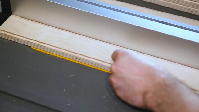 Circular table saw cutting wood in carpenter workshop close up. A running blade on a bench saw sawing trough the wooden log in the middle of a working space, close up footage. A sawing circle that cut