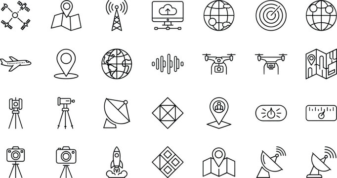 Satellite navigation and aerospace technology vector icon collection featuring global positioning systems drones aircraft and telecommunication signals.
