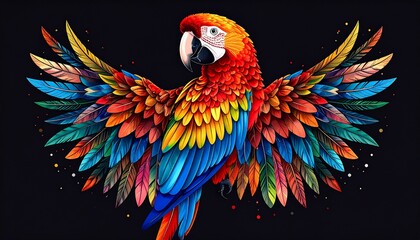 Obraz premium Vibrant Macaw Parrot with Colorful Feathers on a Dark Background.