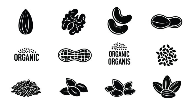 Organic nuts and seeds icon set, black silhouette nut collection for food packaging, 12 healthy snack vector elements for grocery branding