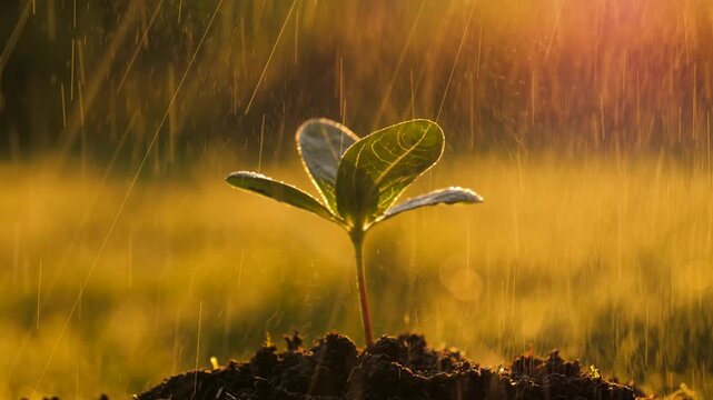 Young green seedling growing from fertile soil during gentle rain shower. Warm golden sunset light creating beautiful soft focused background, symbolizing new life and hope. Drops fall on the sapling