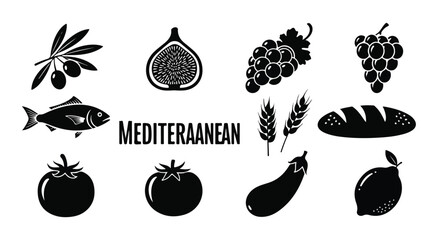 Fototapeta premium Mediterranean food icon set with 12 black vector elements, healthy diet ingredients including olives, fish, grapes, and vegetables for menu design