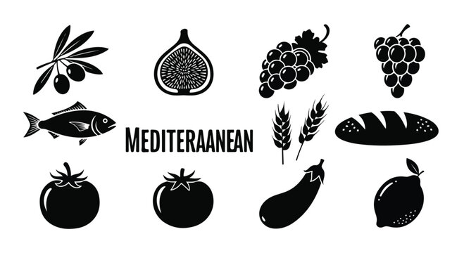 Mediterranean food icon set with 12 black vector elements, healthy diet ingredients including olives, fish, grapes, and vegetables for menu design