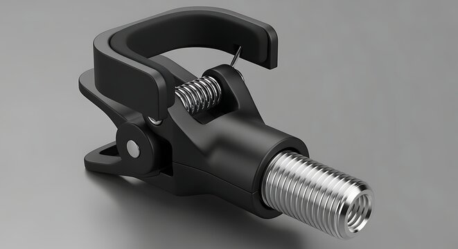 Black plastic clamp with metal screw and handle on gray background for gripping objects tightly in various applications