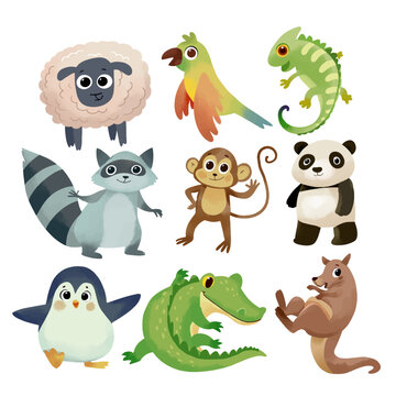 Cute Watercolor Safari Animal Character Set with Flowers and Stars for Nursery Decor and Kids Design