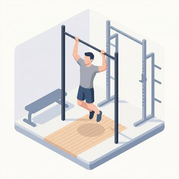 Dynamic isometric illustration showcasing a dedicated man performing a challenging pull-up gym exercise to build strength and achieve fitness goals in a modern workout space