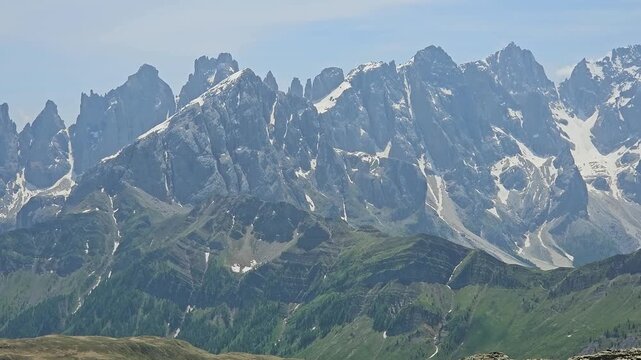 Closer look at Pale di San Martino, with magnificent Cimon della Palla and Cima della Vezaana.