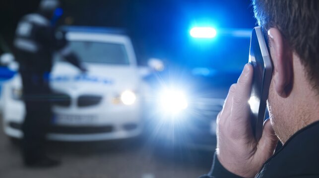 Man talking on phone at night with police vehicle in background. Officer emergency call and law enforcement response. Crime scene investigation and night patrol public safety operation.