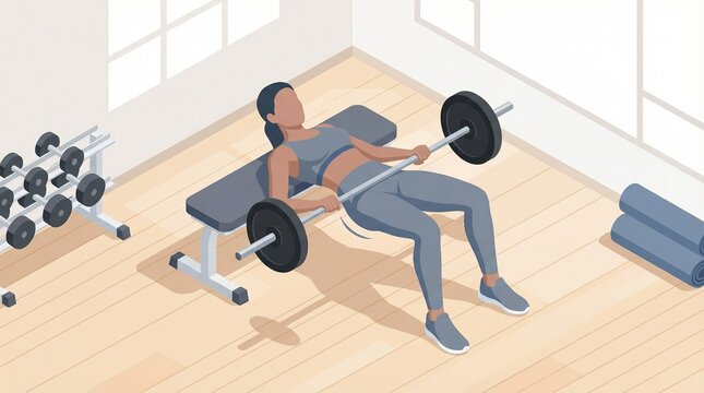 Woman performing effective hip thrust gym exercise with barbell and bench, targeting glutes for lower body strength in an isometric fitness studio setting
