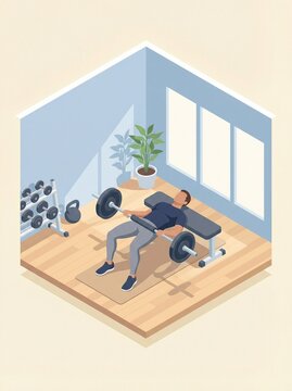 Man performing a gym exercise hip thrust with barbell in a home gym setting