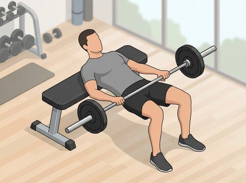 A man performing a barbell hip thrust gym exercise on a bench in a fitness center