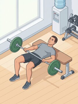 Man performing a barbell hip thrust gym exercise lying on a bench in a fitness club with gym equipment