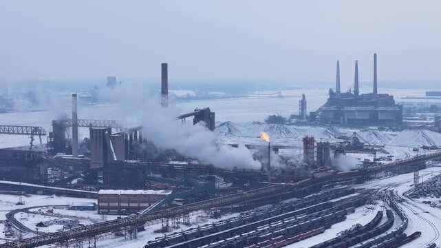Zug Island Industrial pollution emission from steel mill with power plant on the River Rouge, Michigan, USA