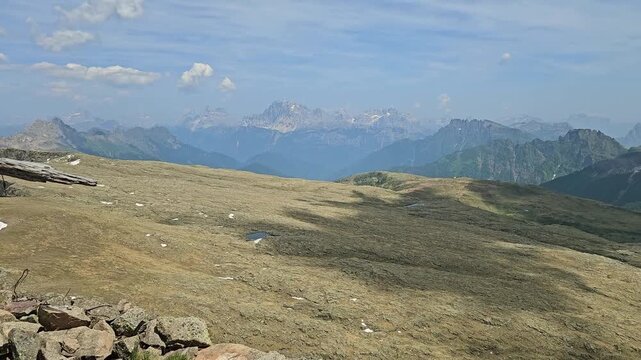 Ultra wide panorama of Pale di San Martino, Monte Pelmo and Civeta from Cima Juribrutto, Italian Dolomites.