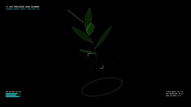 Futuristic agricultural scanner interface showing 3d plant model analysis for precision farming technology