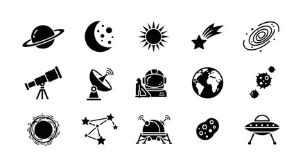 Black and white icons depicting space astronomy and space travel objects © Julian Vance