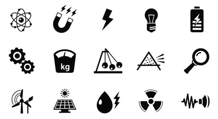 Black science and physics icons arranged in three rows of five © Julian Vance