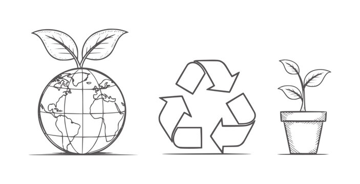 Black and white of globe with leaf recycling symbol and potted plant