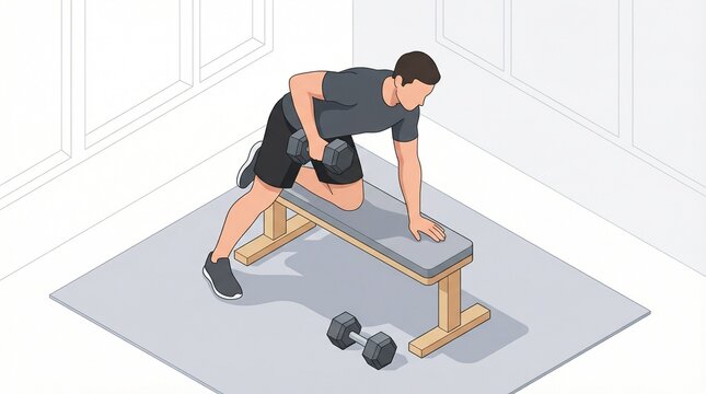 Man performing a single-arm dumbbell row gym exercise on a bench