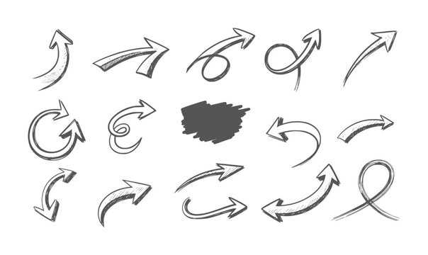 Handdrawn black curved and looped arrows set in various styles