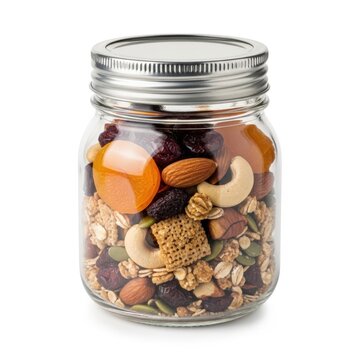 Jar filled with assorted mixed nuts and dried fruits for healthy snacking.