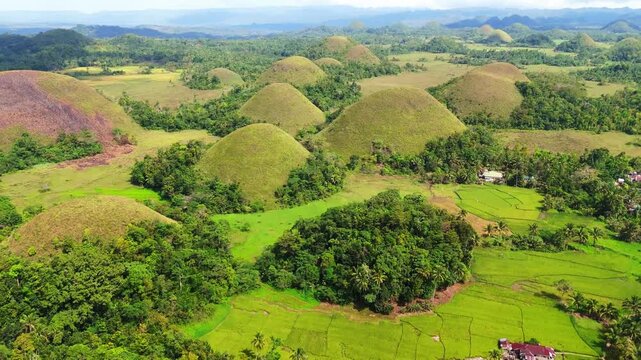 The Chocolate Hills are a geological formation in the Philippine province of Bohol aerial drone destination travel