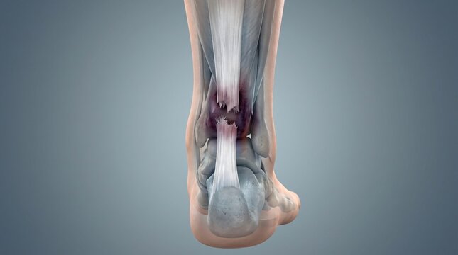 Anatomical depiction of a torn Achilles tendon with associated bruising and damage to surrounding tissues
