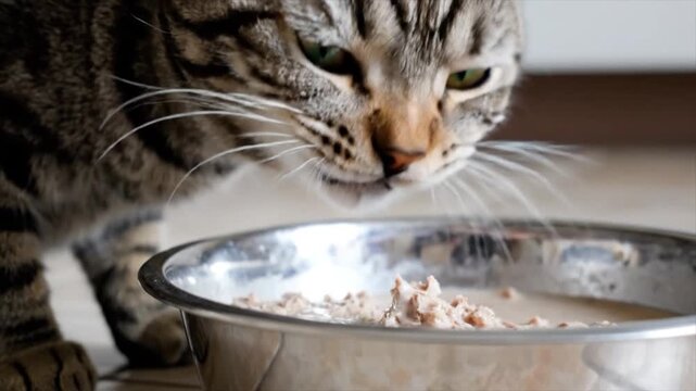 A cat eats from a metal bowl on the floor indoors.