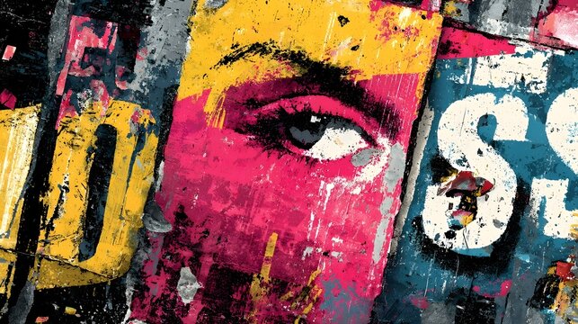 Striking and colorful street art mural featuring an abstract expressive eye like face against a background of layered textured patterns and shapes