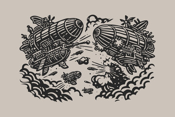 Vintage Airship Battle Illustration Linocut Style © Quivr