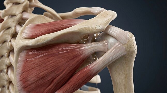 Detailed 3D rendering of human shoulder anatomy showing bones muscles and tendons