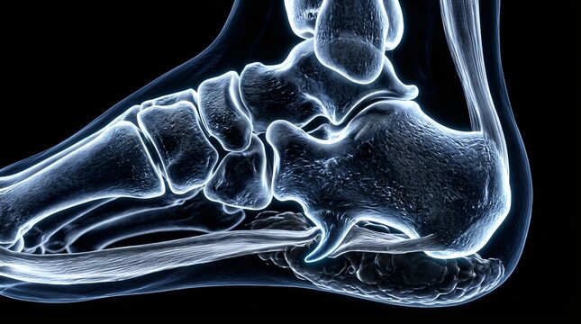 Detailed 3D render of human foot bones and plantar fascia on a black background