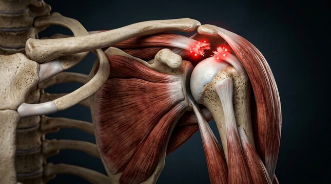 Human shoulder anatomy with highlighted rotator cuff tear and pain indicators